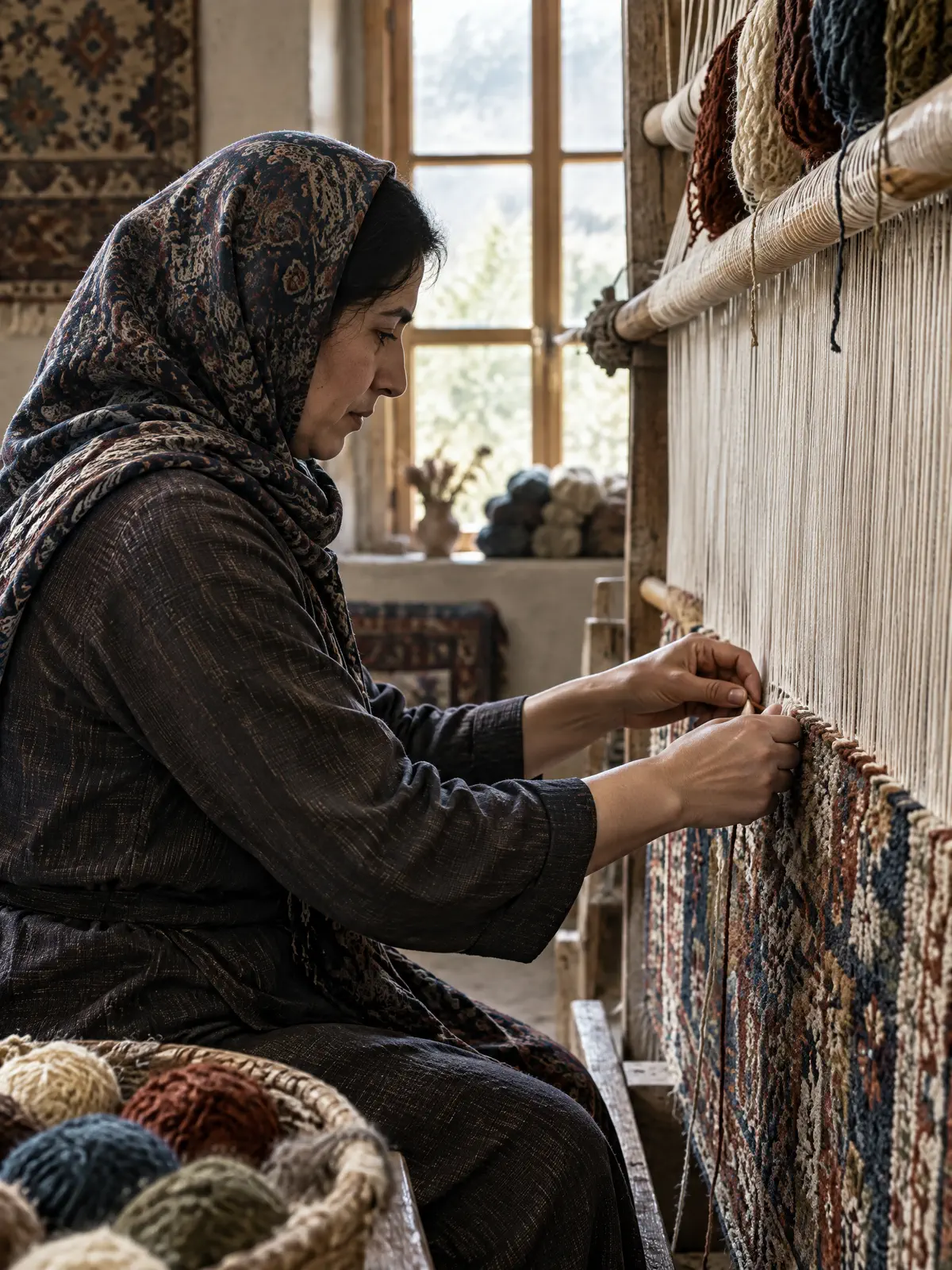 Iranian artisan working with traditional textiles