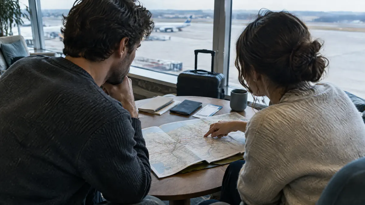 Travel planning materials and a notebook